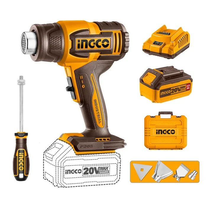 PISTOLA DE CALOR +BAT 4AH Y CAR INDUSTRIAL ANALOGA 330/550 C 20 V INGCO1