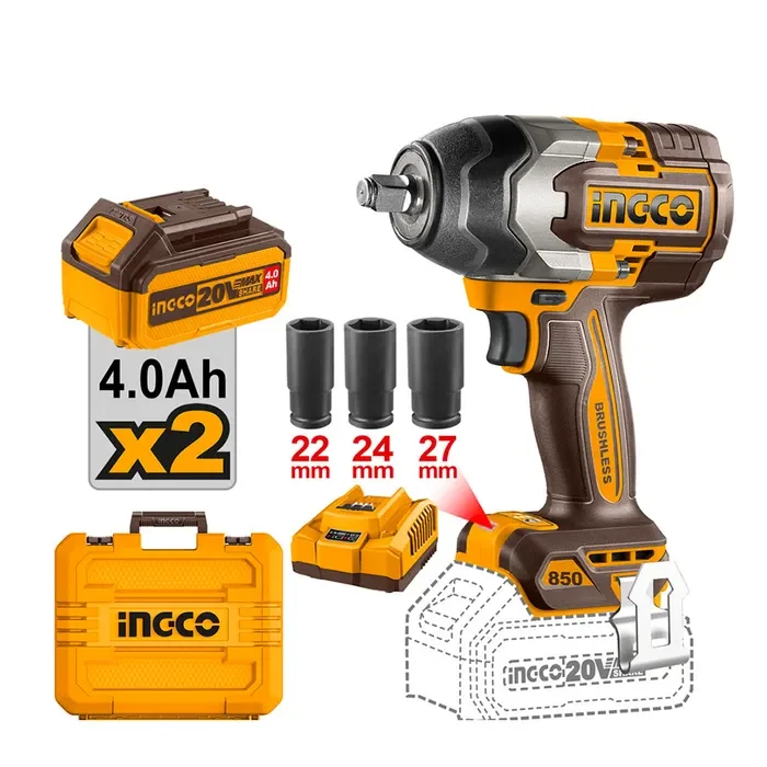 PISTOLA DE IMPACTO BL +2BAT 4AH Y CARG 1/2PULGADA 20 V/850NM INGCO1