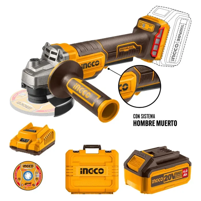 ESMERIL BL C/HM + BAT 4AH Y CAR+10 DISCOS 4 1/2 PULGADAS 20V/115MM INGCO1