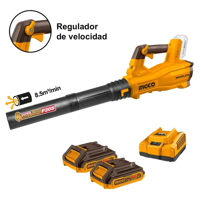 SOPLADOR BL INDUSTRIAL +2 BAT 2AH Y CARG VEL/REG 20V 8,5/MIN INGCO1