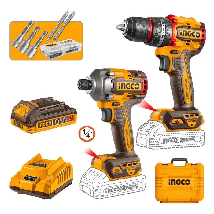 SET TALADRO PE Y ATORNILLADOR IMP+2BAT 2 AH Y CARG BL 20V INGCO OFERTA1