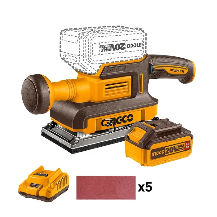 LIJADORA INDUSTRIAL BL +BAT 4 AH Y CARG INDUSTRIAL 20V/90*180 MM INGCO1