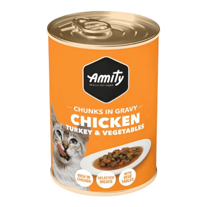 Lata Amity Gato Pollo,Pavo y Vegetales 415 g