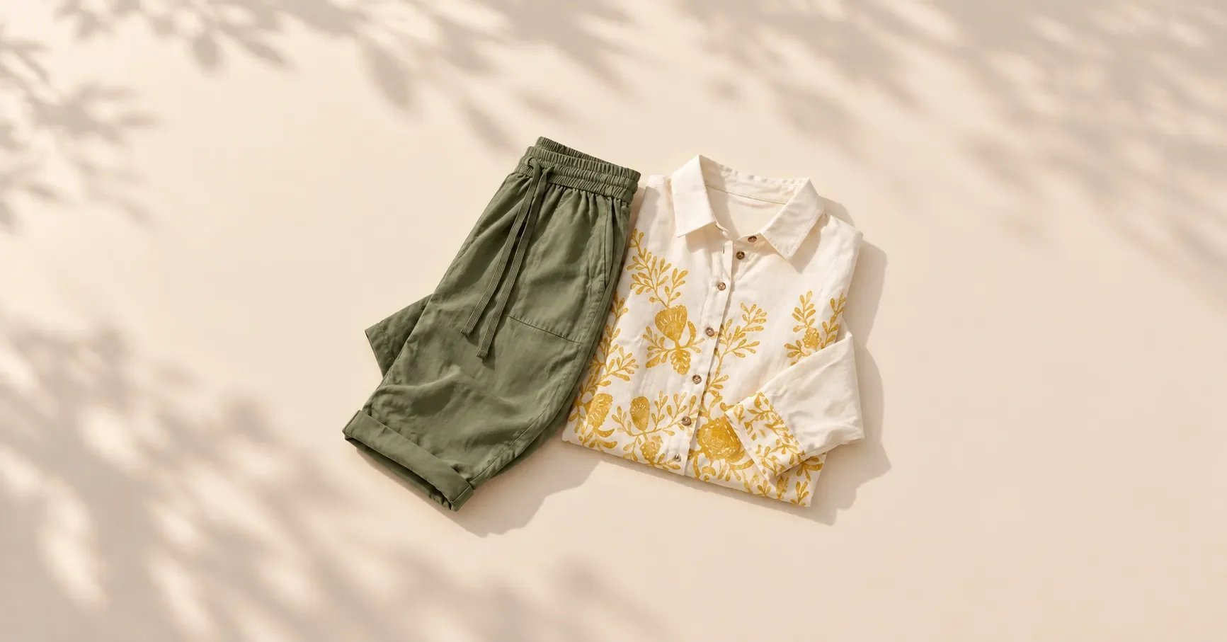 Pantalón verde salvia y blusa con estampado botánico