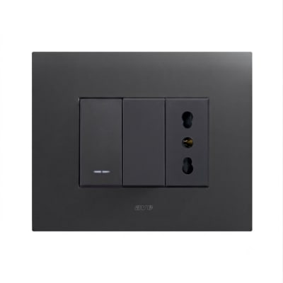 INTERRUPTOR SIMPLE 9/12, CON TOMACORRIENTE 10/16A, AVE, PLACA SMART METALICA NEGRO MATE1