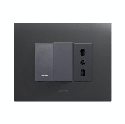 INTERRUPTOR SIMPLE 9/12, CON TOMACORRIENTE 10/16A, AVE, PLACA SMART METALICA NEGRO MATE1