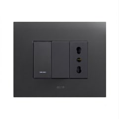 INTERRUPTOR SIMPLE 9/12, CON TOMACORRIENTE 10/16A, AVE, PLACA SMART METALICA NEGRO MATE