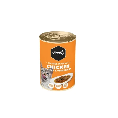 LATA AMITY GATO POLLO,PAVO Y VEGETALES 415 G1