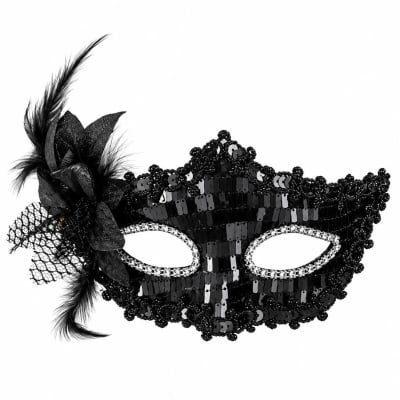 Antifaz de Encaje Veneciano con Plumas Negro1