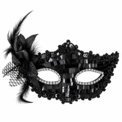 Antifaz de Encaje Veneciano con Plumas Negro