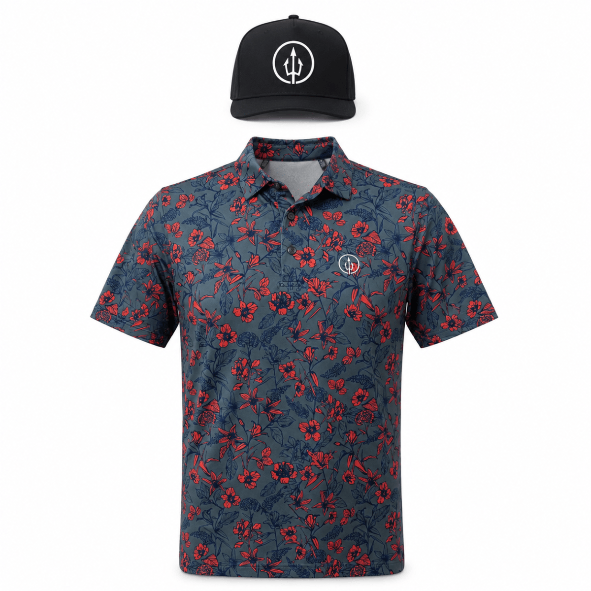 Polera Golf Hombre con Diseño Flores Azul-Rojo1