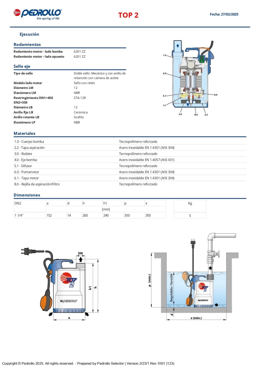 BOMBA SUMERGIBLE  TOP2  0,5HP 220V PEDROLLO4