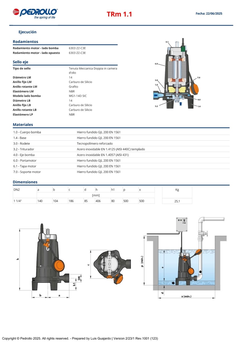 BOMBA SUMERGIBLE TRITUS TRm1.1 1.5HP 230V PEDROLLO4