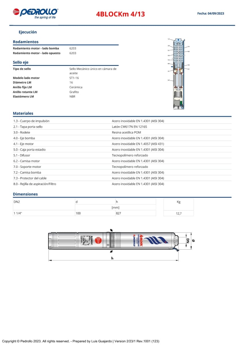 BOMBA POZO  4BLOCKm 4/13 1,5HP 220V PEDROLLO4