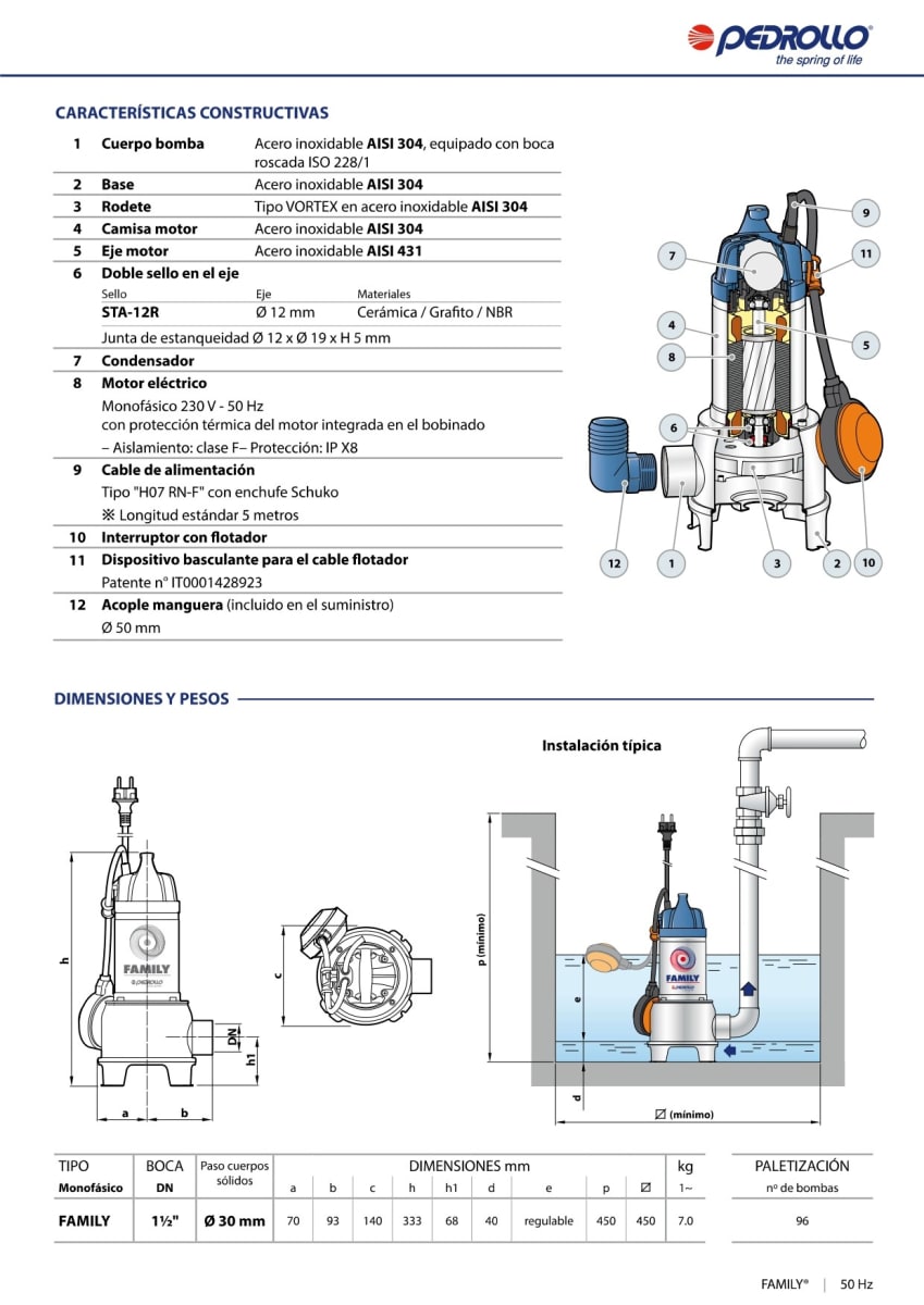 BOMBA SUMERGIBLE FAMILY 0.7HP, 230V PEDROLLO3