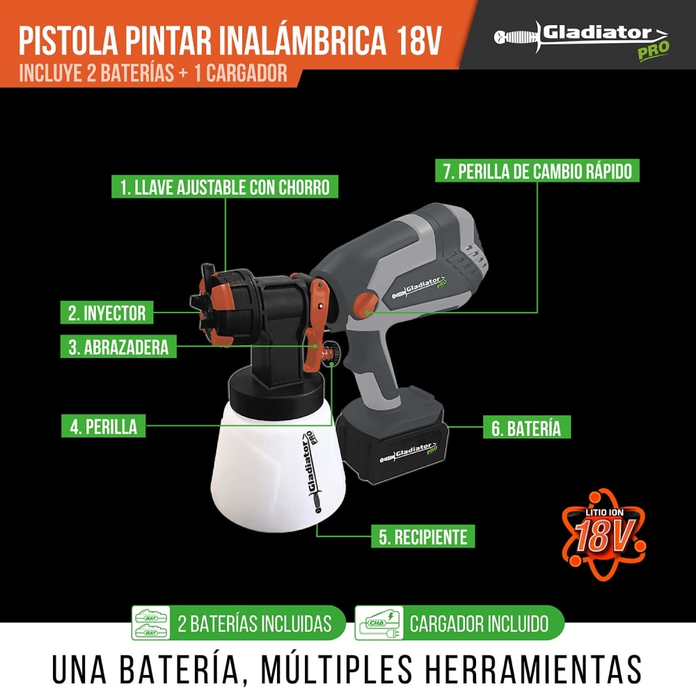 PISTOLA PINTAR 18V + 2 BAT 2AH + CARGADOR GLADIATOR 2