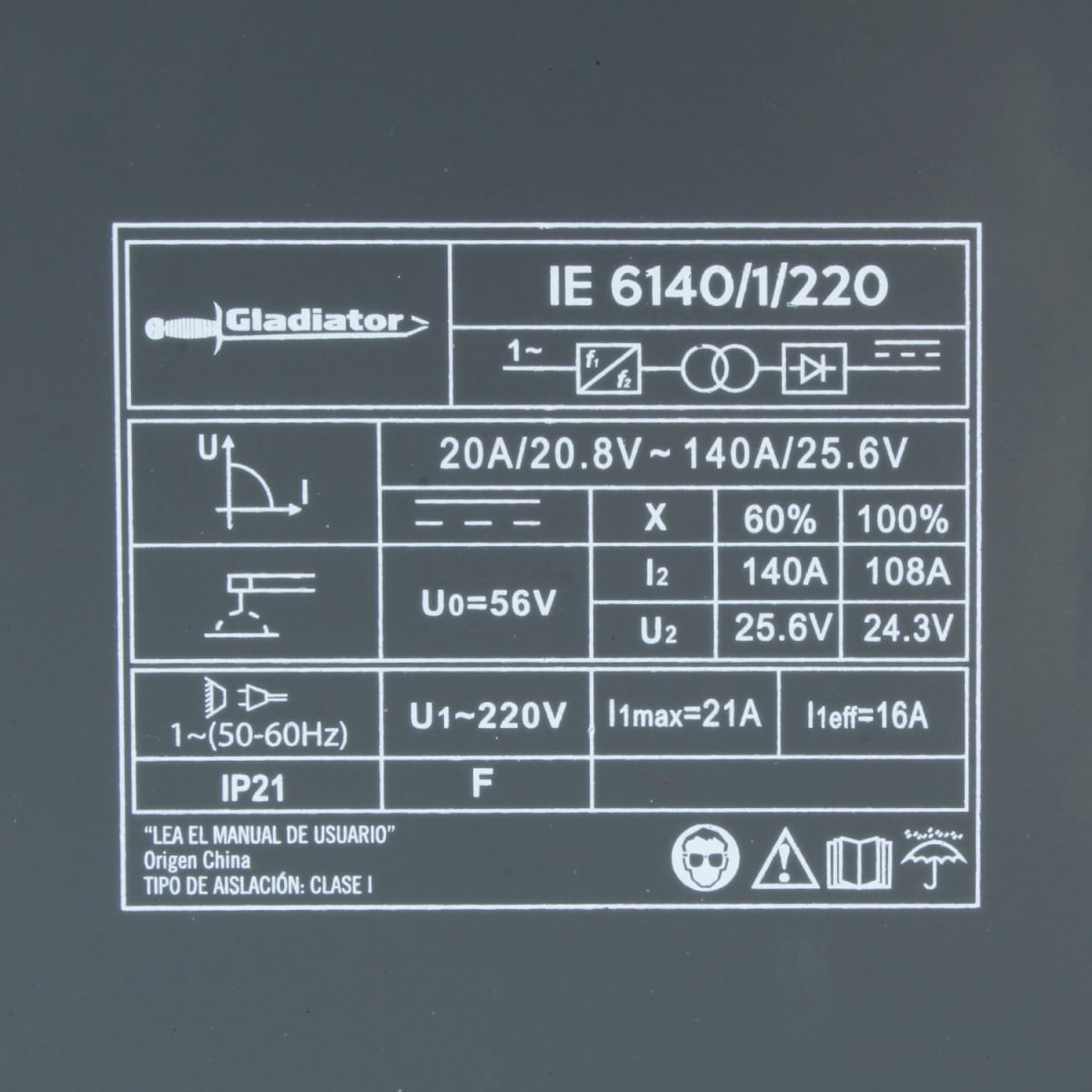SOLDADORA INVERTER ELECTRODO 140 amp IE 6140/1/220 GLADIATOR4