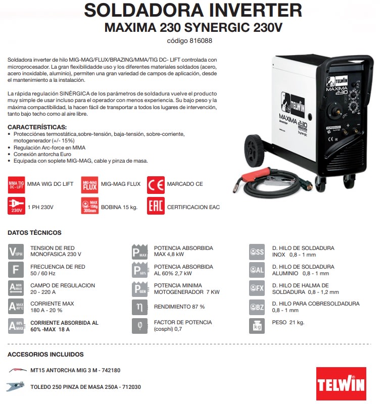 SOLDADORA INVERTER MIG DC 200AMP MAXIMA 2303