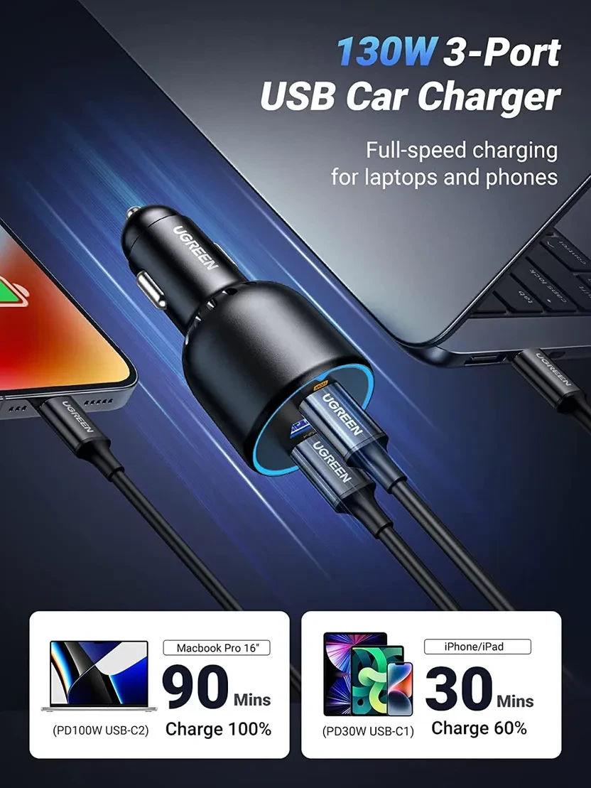 Cargador de Carro 130W Triple Puerto3
