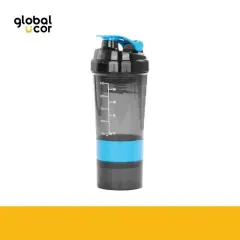 Vaso Gym para batidos proteína SHAKE, con 4 compartimentos Negro con Azul