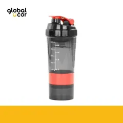 Vaso Gym para batidos proteína SHAKE, con 4 compartimentos Negro con Rojo