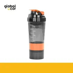 Vaso Gym para batidos proteína SHAKE, con 4 compartimentos Negro con Naranja