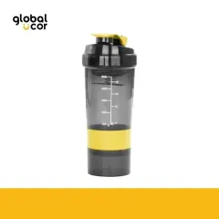 Vaso Gym para batidos proteína SHAKE, con 4 compartimentos Negro con Amarillo