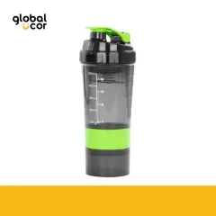 Vaso Gym para batidos proteína SHAKE, con 4 compartimentos Negro con Verde