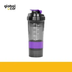 Vaso Gym para batidos proteína SHAKE, con 4 compartimentos Negro con Morado