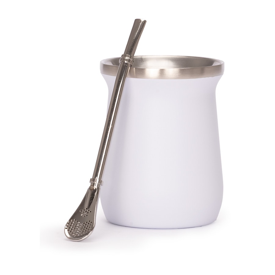 Vaso Térmico metálico MATE 300ml. con Bombilla Blanco4