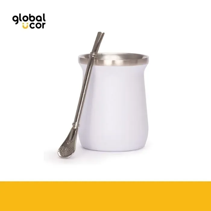 Vaso Térmico metálico MATE 300ml. con Bombilla Blanco1