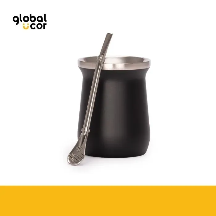 Vaso Térmico metálico MATE 300ml. con Bombilla Negro1