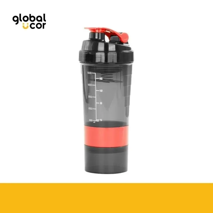 Vaso Gym para batidos proteína SHAKE, con 4 compartimentos Negro con Rojo1