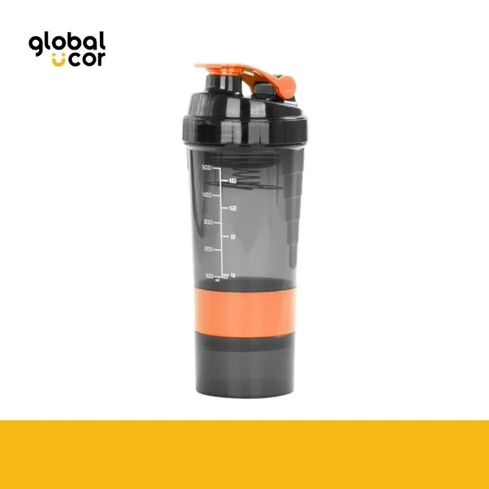 Vaso Gym para batidos proteína SHAKE, con 4 compartimentos Negro con Naranja1