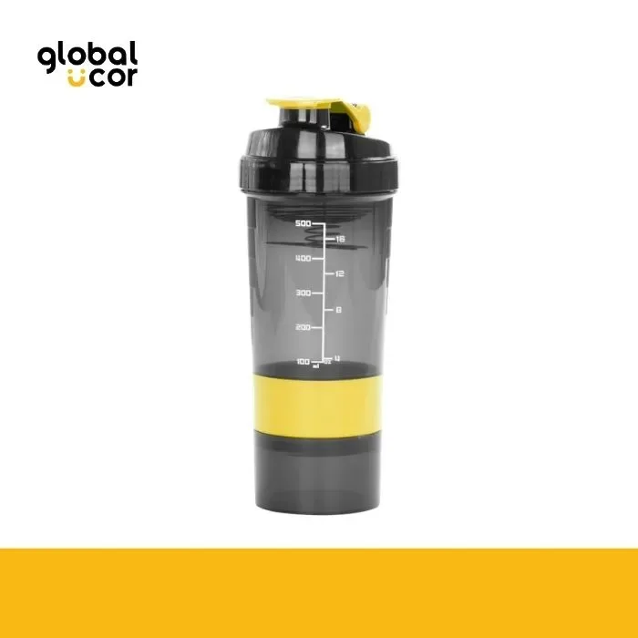 Vaso Gym para batidos proteína SHAKE, con 4 compartimentos Negro con Amarillo1