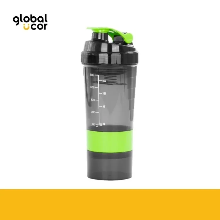 Vaso Gym para batidos proteína SHAKE, con 4 compartimentos Negro con Verde1
