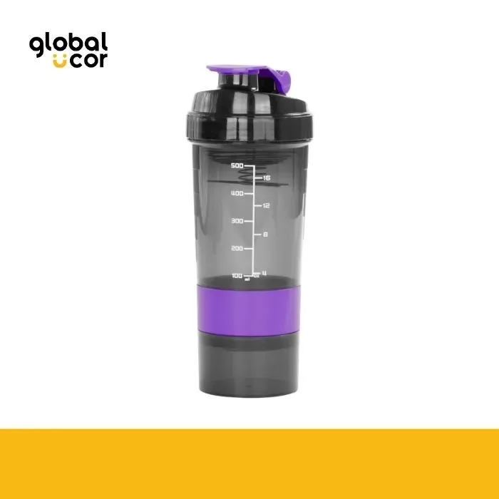 Vaso Gym para batidos proteína SHAKE, con 4 compartimentos Negro con Morado1