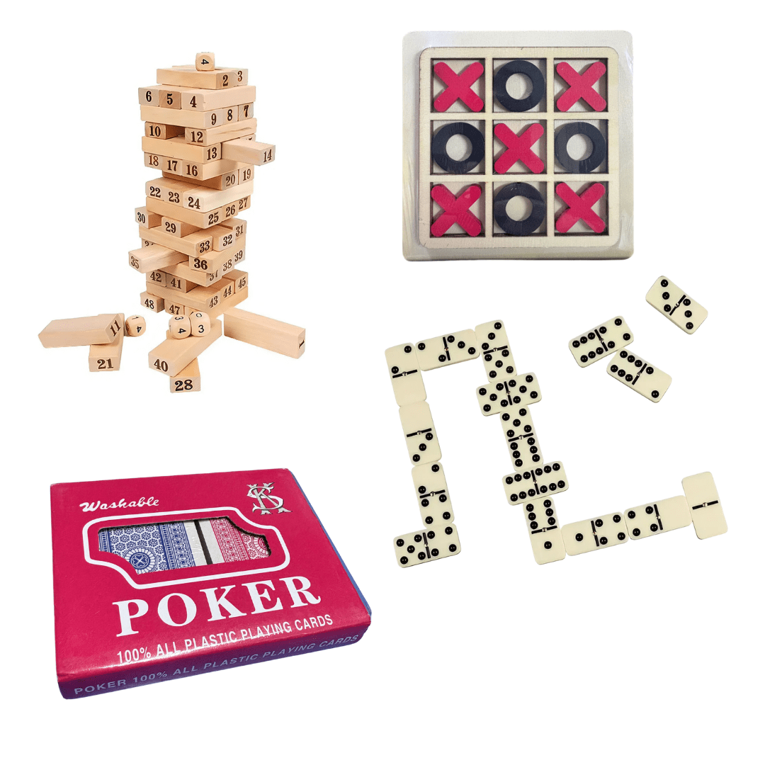 Pack 4 Juegos De Mesa Domino Jenga Gato Naipes1