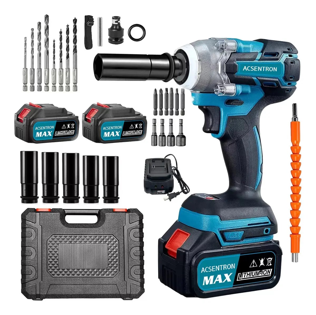 Llave De Impacto Inalámbrica Acsentron Con 520 Nm Y 2 Baterías De Litio, Kit Completo Azul 50hz/60hz1