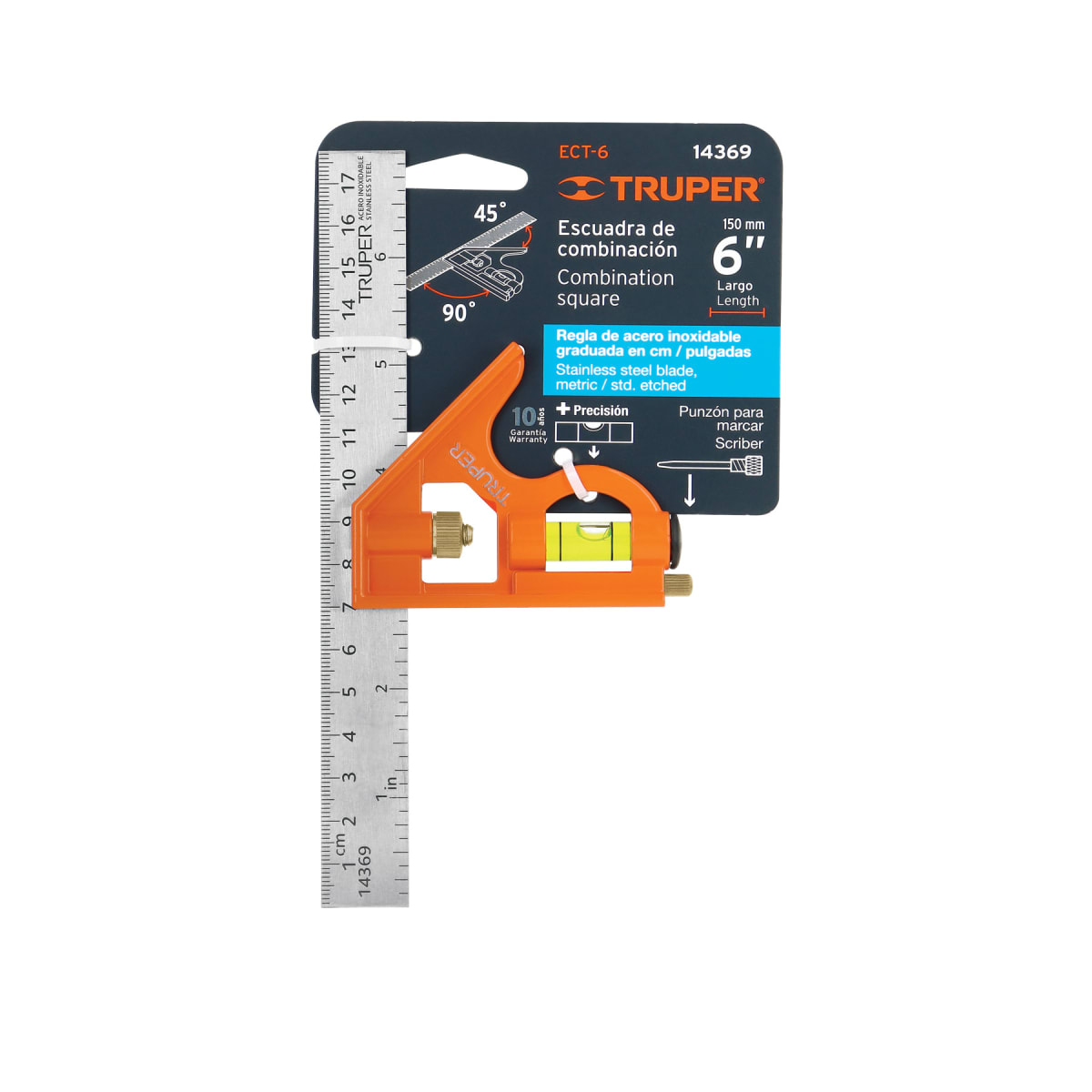 Escuadra De Combinación 6 Pulgadas Truper 14369 Naranja Claro1