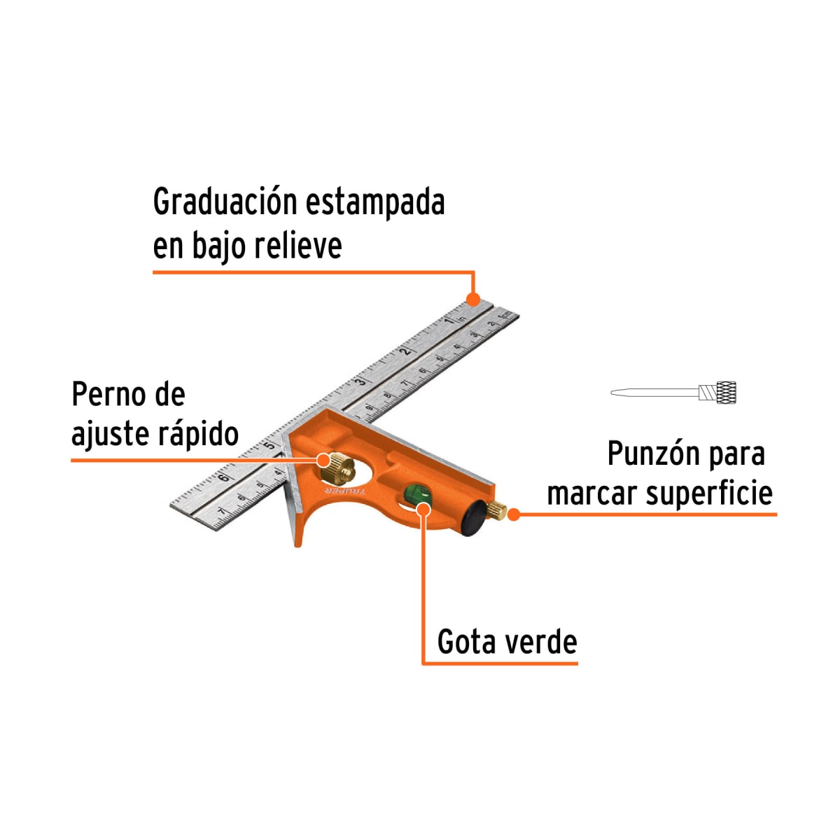 Escuadra De Combinación 6 Pulgadas Truper 14369 Naranja Claro3