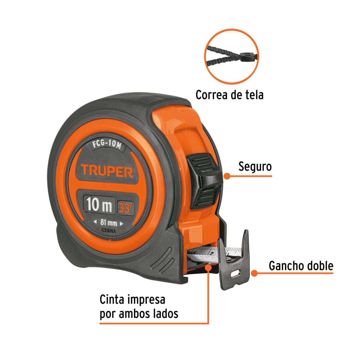 FCG-10M Flexómetro compacto 10 m con grip, cinta 25 mm, Truper2