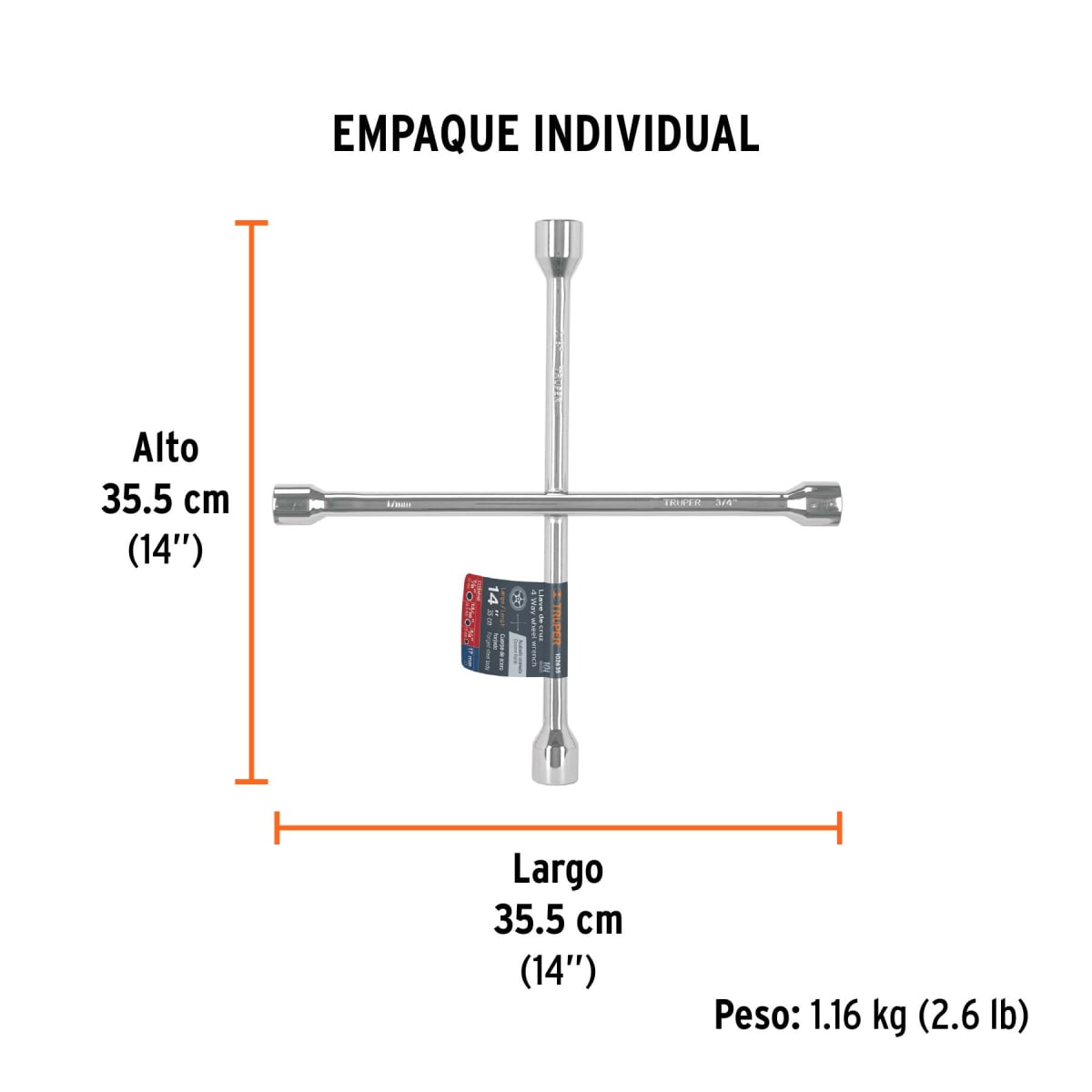 LLCR-14 Llave de cruz 14 pulida y cromada, Truper3