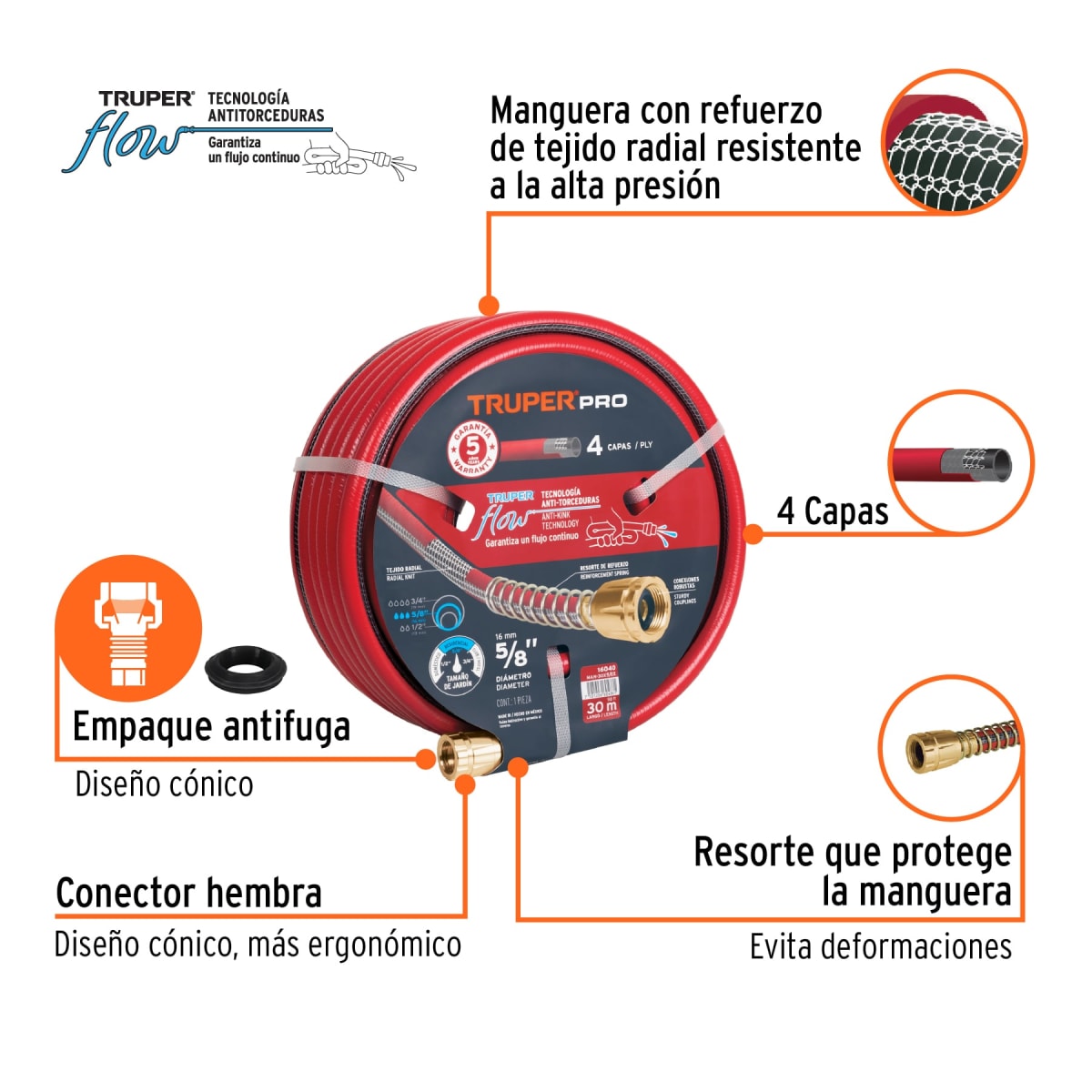 Manguera 30 Metros Uso Rudo Super Reforzada 5/8 Truper 16040 Color Rojo3