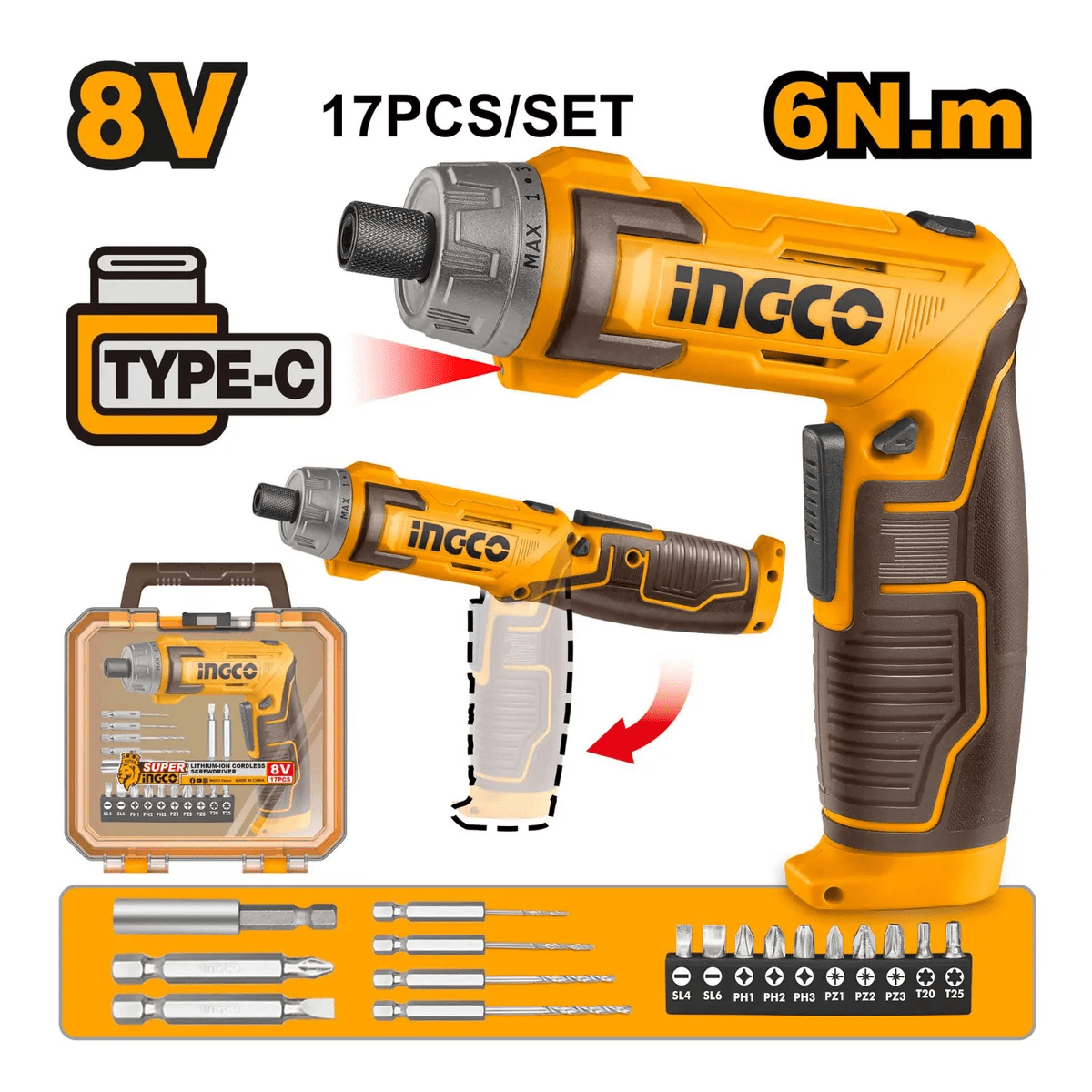 Atornillador Flexible 8v + Batería + Acc Ingco Csdli08025 Amarillo1