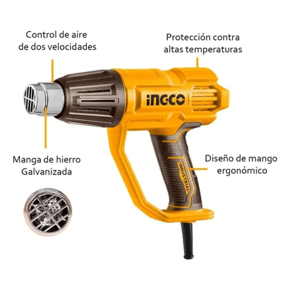 Pistola Calor 2000w Aire 3 Temperatura Regulable Ingco Color Amarillo2