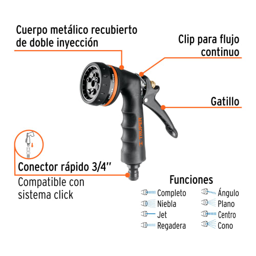Pistola para riego de 8 funciones metálica con recubrimiento, Truper2