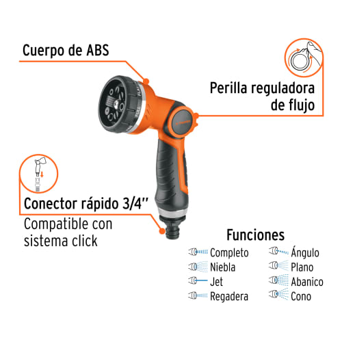 Pistola para riego de 8 funciones plástica, Truper2