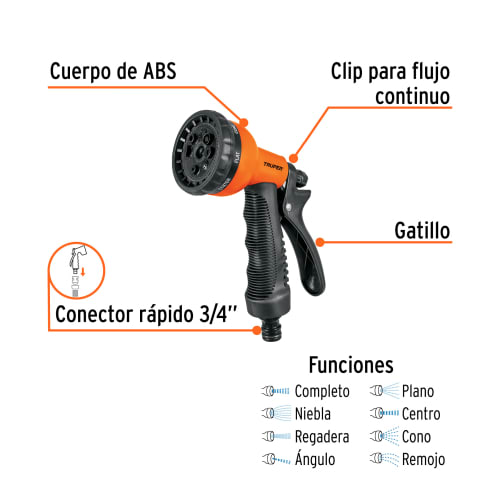 Pistola para riego de 8 funciones plástica con recubrimiento, Truper3