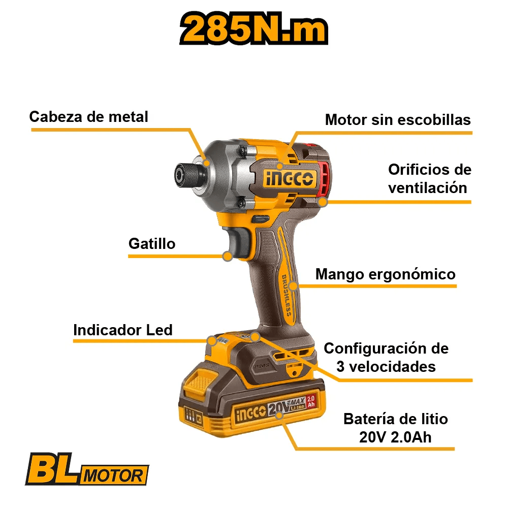 CIRLI2028 ATORNILLADOR DE IMPACTO INALAMBRICO 20V
285N.m.+2BAT+C ARGADOR2